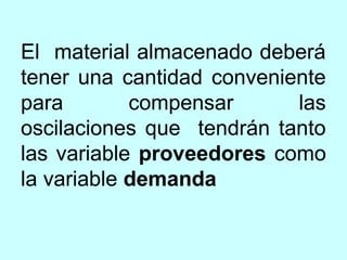 El material almacenado deberá
tener una cantidad conveniente
para        compensar      las
oscilaciones que tendrán tanto
las variable proveedores como
la variable demanda
 
