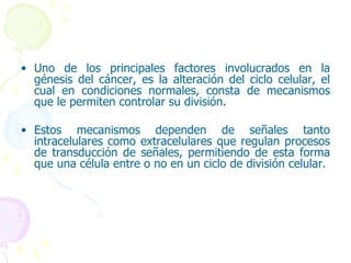Uno de los principales factores involucrados en la génesis del cáncer, es la alteración del ciclo celular, el cual en condiciones normales, consta de mecanismos que le permiten controlar su división.  Estos mecanismos dependen de señales tanto intracelulares como extracelulares que regulan procesos de transducción de señales, permitiendo de esta forma que una célula entre o no en un ciclo de división celular. 