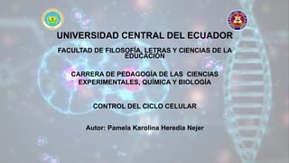 UNIVERSIDAD CENTRAL DEL ECUADOR
FACULTAD DE FILOSOFÍA, LETRAS Y CIENCIAS DE LA
EDUCACIÓN
CARRERA DE PEDAGOGÍA DE LAS CIENCIAS
EXPERIMENTALES, QUÍMICA Y BIOLOGÍA
CONTROL DEL CICLO CELULAR
Autor: Pamela Karolina Heredia Nejer
 