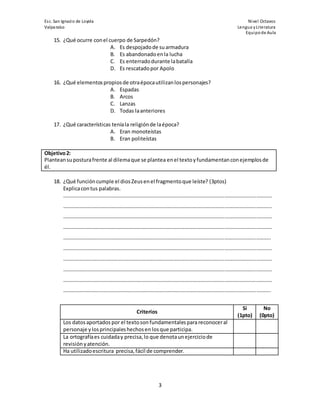 Nivel Octavos
Lengua yLiteratura
Equipode Aula
3
15. ¿Qué ocurre conel cuerpo de Sarpedón?
A. Es despojadode suarmadura
B. Es abandonadoenla lucha
C. Es enterradodurante labatalla
D. Es rescatadopor Apolo
16. ¿Qué elementos propiosde otraépocautilizanlospersonajes?
A. Espadas
B. Arcos
C. Lanzas
D. Todas laanteriores
17. ¿Qué características teníala religiónde laépoca?
A. Eran monoteístas
B. Eran politeístas
Objetivo2:
Planteansuposturafrente al dilemaque se planteaenel textoyfundamentanconejemplosde
él.
18. ¿Qué funcióncumple el diosZeusenel fragmentoque leíste? (3ptos)
Explicacontus palabras.
……………………………………………………………………………………………………………………………………………
……………………………………………………………………………………………………………………………………………
……………………………………………………………………………………………………………………………………………
……………………………………………………………………………………………………………………………………………
…………………………………………………………………………………………………………………………………………..
……………………………………………………………………………………………………………………………………………
……………………………………………………………………………………………………………………………………………
……………………………………………………………………………………………………………………………………………
……………………………………………………………………………………………………………………………………………
…………………………………………………………………………………………………………………………………………..
Criterios
Si
(1pto)
No
(0pto)
Los datosaportados por el textoson fundamentalesparareconoceral
personaje y losprincipaleshechosen losque participa.
La ortografíaes cuidaday precisa,lo que denotaunejerciciode
revisión yatención.
Ha utilizadoescritura precisa,fácil de comprender.
 