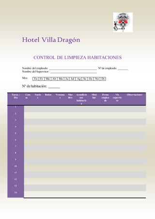 Hotel Villa Dragón 
CONTROL DE LIMPIEZA HABITACIONES 
Nombre del empleado: _________________________________ Nº de empleado: _______ 
Nombre del Supervisor: ________________________________ 
Mes: 
Nº de habitación: ______ 
Tarea / 
Día 
Cam 
as 
Suelo 
s 
Baños Ventana 
s 
Mue 
bles 
Acondicio 
nar 
habitació 
n 
Mini 
bar 
Firma 
emplea 
do 
Vb. 
supervis 
or 
Observaciones 
1 
2 
3 
4 
5 
6 
7 
8 
9 
10 
11 
12 
13 
14 
En Fe Ma Ab Ma Ju Jul Ag Se Oc No Di 
 