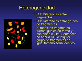 Heterogeneidad
• CH: Diferencias entre
fragmentos
• DH: Diferencias entre grupos
de fragmentos
• Si todos los fragmentos
fueran iguales en forma y
contenido (CH=0), entonces
no habría DH: cualquier
grupo de fragmentos de
igual tamaño sería idéntico.
CH
DH
 
