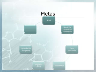 Metas
                         EMI


                                        Nutrición,
                                       crecimiento
                                       y desarrollo




Estimulación                                    Dieta
 Temprana                                     adecuada




               Segundo
                               Psicomotor
                Nivel
 
