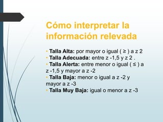 Cómo interpretar la
información relevada
• Talla Alta: por mayor o igual ( ≥ ) a z 2
• Talla Adecuada: entre z -1,5 y z 2 .
• Talla Alerta: entre menor o igual ( ≤ ) a
z -1,5 y mayor a z -2
• Talla Baja: menor o igual a z -2 y
mayor a z -3
• Talla Muy Baja: igual o menor a z -3
 