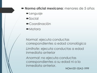  Norma oficial mexicana: menores de 5 años
Lenguaje
Social
Coordinación
Motora
Normal: ejecuta conductas
correspondientes a edad cronológica
Limítrofe: ejecuta conductas a edad
inmediata anterior
Anormal: no ejecuta conductas
correspondientes a su edad ni a la
inmediata anterior.
NOM-031-SSA2-1999
 