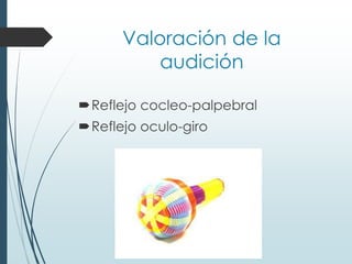Valoración de la
audición
Reflejo cocleo-palpebral
Reflejo oculo-giro
 