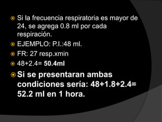  Si la frecuencia respiratoria es mayor de
24, se agrega 0.8 ml por cada
respiración.
 EJEMPLO: P.I.:48 ml.
 FR: 27 resp.xmin
 48+2.4= 50.4ml
 Si se presentaran ambas
condiciones sería: 48+1.8+2.4=
52.2 ml en 1 hora.
 