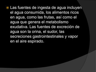  Las fuentes de ingesta de agua incluyen
el agua consumida, los alimentos ricos
en agua, como las frutas, así como el
agua que genera el metabolismo
exudativa. Las fuentes de excreción de
agua son la orina, el sudor, las
secreciones gastrointestinales y vapor
en el aire espirado.
 