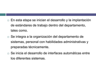 En esta etapa se inician el desarrollo y la implantación de estándares de trabajo dentro del departamento, tales como.Se integra a la organización del departamento de sistemas, personal con habilidades administrativas y preparadas técnicamente.Se inicia el desarrollo de interfaces automáticas entre los diferentes sistemas.