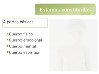 Estamos constituidos

4 partes básicas:


 § Cuerpo físico
 § Cuerpo emocional
 § Cuerpo mental
 § Cuerpo espiritual
 