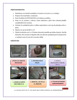 2
LA CALIDAD ESTA EN TI, NO DEJES QUE OTROS SUFRAN LAS CONSECUENCIAS
PROCEDIMEINTO:
1. Desinfectar con alcohol antiséptico...