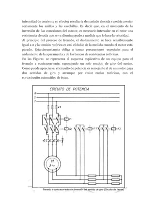 intensidad de corriente en el rotor resultaría demasiado elevada y podría averiar
seriamente los anillos y las escobillas. Es decir que, en el momento de la
inversión de las conexiones del estator, es necesario intercalar en el rotor una
resistencia elevada que se va disminuyendo a medida que lo hace la velocidad.
Al principio del proceso de frenado, el deslizamiento se hace sensiblemente
igual a 2 y la tensión rotórica es casi el doble de la medida cuando el motor está
parado. Esta circunstancia obliga a tomar precauciones especiales para el
aislamiento de la aparamenta y de los bancos de resistencias rotóricas.
En las Figuras se representa el esquema explicativo de un equipo para el
frenado a contracorriente, suponiendo un solo sentido de giro del motor.
Como puede apreciarse, el circuito de potencia es semejante al de un motor para
dos sentidos de giro y arranque por resist encias rotóricas, con el
cortocircuito automático de éstas.
 