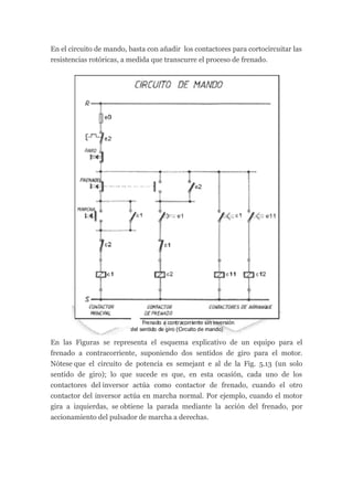 En el circuito de mando, basta con añadir los contactores para cortocircuitar las
resistencias rotóricas, a medida que transcurre el proceso de frenado.




En las Figuras se representa el esquema explicativo de un equipo para el
frenado a contracorriente, suponiendo dos sentidos de giro para el motor.
Nótese que el circuito de potencia es semejant e al de la Fig. 5.13 (un solo
sentido de giro); lo que sucede es que, en esta ocasión, cada uno de los
contactores del inversor actúa como contactor de frenado, cuando el otro
contactor del inversor actúa en marcha normal. Por ejemplo, cuando el motor
gira a izquierdas, se obtiene la parada mediante la acción del frenado, por
accionamiento del pulsador de marcha a derechas.
 