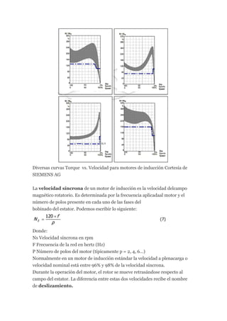 Diversas curvas Torque vs. Velocidad para motores de inducción Cortesía de
SIEMENS AG


La velocidad síncrona de un motor de inducción es la velocidad delcampo
magnético rotatorio. Es determinada por la frecuencia aplicadaal motor y el
número de polos presente en cada uno de las fases del
bobinado del estator. Podemos escribir lo siguiente:



Donde:
Ns Velocidad síncrona en rpm
F Frecuencia de la red en hertz (Hz)
P Número de polos del motor (típicamente p = 2, 4, 6…)
Normalmente en un motor de inducción estándar la velocidad a plenacarga o
velocidad nominal está entre 96% y 98% de la velocidad síncrona.
Durante la operación del motor, el rotor se mueve retrasándose respecto al
campo del estator. La diferencia entre estas dos velocidades recibe el nombre
de deslizamiento.
 