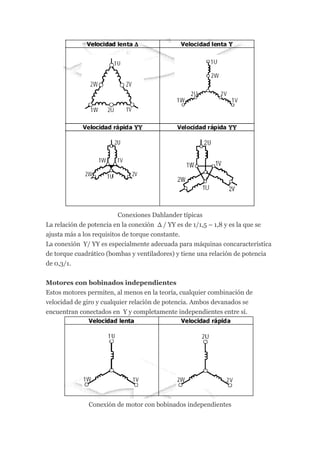 Conexiones Dahlander típicas
La relación de potencia en la conexión ∆ / ΥΥ es de 1/1,5 – 1,8 y es la que se
ajusta más a los requisitos de torque constante.
La conexión Υ/ ΥΥ es especialmente adecuada para máquinas concaracterística
de torque cuadrático (bombas y ventiladores) y tiene una relación de potencia
de 0,3/1.


Motores con bobinados independientes
Estos motores permiten, al menos en la teoría, cualquier combinación de
velocidad de giro y cualquier relación de potencia. Ambos devanados se
encuentran conectados en Υ y completamente independientes entre sí.




              Conexión de motor con bobinados independientes
 