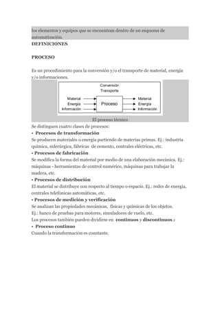 los elementos y equipos que se encuentran dentro de un esquema de
automatización.
DEFINICIONES


PROCESO


Es un procedimiento para la conversión y/o el transporte de material, energía
y/o informaciones.




                                El proceso técnico
Se distinguen cuatro clases de procesos:
• Procesos de transformación
Se producen materiales o energía partiendo de materias primas. Ej.: industria
química, siderúrgica, fábricas de cemento, centrales eléctricas, etc.
• Procesos de fabricación
Se modifica la forma del material por medio de una elaboración mecánica. Ej.:
máquinas - herramientas de control numérico, máquinas para trabajar la
madera, etc.
• Procesos de distribución
El material se distribuye con respecto al tiempo o espacio. Ej.: redes de energía,
centrales telefónicas automáticas, etc.
• Procesos de medición y verificación
Se analizan las propiedades mecánicas, físicas y químicas de los objetos.
Ej.: banco de pruebas para motores, simuladores de vuelo, etc.
Los procesos también pueden dividirse en continuos y discontinuos :
• Proceso continuo
Cuando la transformación es constante.
 