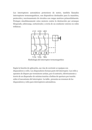 Los interruptores automáticos protectores de motor, también llamados
interruptores termomagnéticos, son dispositivos destinados para la maniobra,
protección y seccionamiento de circuitos con cargas motrices primordialmente.
Protegen simultáneamente estos motores contra la destrucción por arranque
bloqueado, sobrecarga, cortocircuito y avería de un conductor externo en redes
trifásicas.




                  Simbología del interruptor termomagnético



Según la función de aplicación, sus vías de corriente se equipan con
disparadores o relés. Los disparadores forman parte del interruptor. Los relés y
aparatos de disparo por termistores actúan, por el contrario, eléctricamente a
través de un disparador de mínima tensión o bobina de apertura por tensión
sobre el mecanismo del interruptor. La tabla , presenta un resumen de los
disparadores y relés para interruptores automáticos.
 