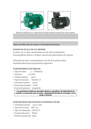 Motores trifásicos de inducción de baja tensión Cortesía de Leroy Somer




Datos de Placa de un motor y Formulas Electricas

DATOS DE PLACA DE UN MOTOR
La placa con los datos característicos nos da toda la información
correspondiente almotor. La figura muestra dos placas típicas de motores.


Utilizando los datos correspondientes a 60 Hz de la primera placa
mostrada,indicaremos los parámetros siguientes:


PARÁMETROS ELÉCTRICOS
• Tipo de motor      3 ∼ (Trifásico)
• Potencia        0,14 kW
• Voltaje nominal     440 V
• Tipo de conexión    Estrella o Y
• Corriente nominal 0,34 A
• Frecuencia nominal 60 Hz
• Factor de potencia (cosφ)0,81




PARÁMETROS MECÁNICOS O CONSTRUCTIVOS
• Velocidad nominal 3 310 / min
• Factor de servicio (SF) 1,15
• Tipo de aislamiento (Th.Cl.) F
• Tamaño del marco IEC56
• Grado de protección IP54
 