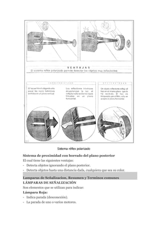 Sistema de proximidad con borrado del plano posterior
El cual tiene las siguientes ventajas:
- Detecta objetos ignorando el plano posterior.
- Detecta objetos hasta una distancia dada, cualquiera que sea su color.

Lamparas de Señalizacion, Resumen y Terminos comunes
LÁMPARAS DE SEÑALIZACIÓN
Son elementos que se utilizan para indicar:
Lámpara Roja:
- Indica parada (desconexión).
- La parada de uno o varios motores.
 