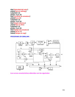 104
title('Velocidad del rotor')
ylabel('wm en rad/seg')
subplot(4,1,2)
plot(y(:,1),y(:,3))
title('corriente de armadura')
ylabel('Ia en A')
subplot(4,1,3)
plot(y(:,1),y(:,4))
title('torque eléctrico')
ylabel('Tem en Nm')
subplot(4,1,4)
plot(y(:,1),y(:,2))
title('Voltaje de armadura')
ylabel('Va en V')
xlabel('tiempo en seg')
PROGRAMA EN SIMULINK :
Las curvas características obtenidas son las siguientes:
 