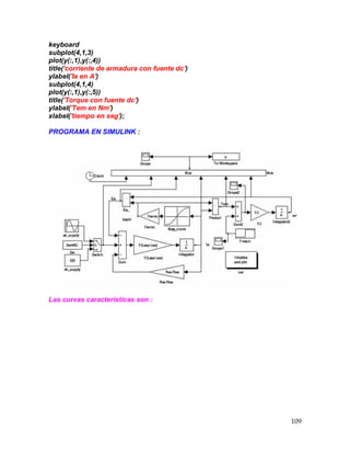 109
keyboard
subplot(4,1,3)
plot(y(:,1),y(:,4))
title('corriente de armadura con fuente dc')
ylabel('Ia en A')
subplot(4,1,4)
plot(y(:,1),y(:,5))
title('Torque con fuente dc')
ylabel('Tem en Nm')
xlabel('tiempo en seg');
PROGRAMA EN SIMULINK :
Las curvas características son :
 