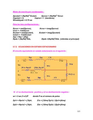 113
Motor de marcha por condensador :
Zpcstart = (Nq/Nd)2
*Zcstart, Zpcrun = (Nq/Nd)2
*Zcrun
Capstart = 0, Caprun = 1 (banderas)
Wrswbbywb = 0.75 we
Para las tres configuraciones :
Rcrun = real(Zpcrun), Xcrun = imag(Zpcrun)
Crun = -1/wbXcrun
Rcstart = real(Zpcstart), Xcstart = imag(Zpcstart)
Cstart = -1/wbXcstart
Zqs = Rqs + jXlqs
Rpds = (Nq/Nd)2
Rds, Xlpds =(Nq/Nd)2
Xlds (referidas al principal)
5.7.2 ECUACIONES EN ESTADO ESTACIONARIO
El circuito equivalente en estado estacionario es el siguiente :
Si s1 es deslizamiento positivo y s2 es deslizamiento negativo :
wr = 2 we (1-s1)/P donde P es el número de polos
Zp1r = Rpr/s1 + j*Xplr, Z1s = j*(Xmq*Zp1r) / (Zp1r+jXmq)
Zp2r = Rpr/s2 + j*Xplr, Z2s = j*(Xmq*Zp2r) / (Zp2r+jXmq)
 