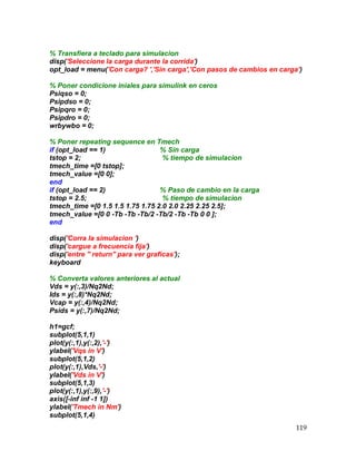 119
% Transfiera a teclado para simulacion
disp('Seleccione la carga durante la corrida')
opt_load = menu('Con carga? ','Sin carga','Con pasos de cambios en carga')
% Poner condicione iniales para simulink en ceros
Psiqso = 0;
Psipdso = 0;
Psipqro = 0;
Psipdro = 0;
wrbywbo = 0;
% Poner repeating sequence en Tmech
if (opt_load == 1) % Sin carga
tstop = 2; % tiempo de simulacion
tmech_time =[0 tstop];
tmech_value =[0 0];
end
if (opt_load == 2) % Paso de cambio en la carga
tstop = 2.5; % tiempo de simulacion
tmech_time =[0 1.5 1.5 1.75 1.75 2.0 2.0 2.25 2.25 2.5];
tmech_value =[0 0 -Tb -Tb -Tb/2 -Tb/2 -Tb -Tb 0 0 ];
end
disp('Corra la simulacion ')
disp('cargue a frecuencia fija')
disp('entre '' return'' para ver graficas');
keyboard
% Converta valores anteriores al actual
Vds = y(:,3)/Nq2Nd;
Ids = y(:,8)*Nq2Nd;
Vcap = y(:,4)/Nq2Nd;
Psids = y(:,7)/Nq2Nd;
h1=gcf;
subplot(5,1,1)
plot(y(:,1),y(:,2),'-')
ylabel('Vqs in V')
subplot(5,1,2)
plot(y(:,1),Vds,'-')
ylabel('Vds in V')
subplot(5,1,3)
plot(y(:,1),y(:,9),'-')
axis([-inf inf -1 1])
ylabel('Tmech in Nm')
subplot(5,1,4)
 