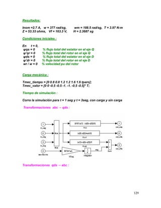 129
Resultados:
Inom =2.7 A, w = 377 rad/sg, wm = 188.5 rad/sg, T = 3.97 N-m
Z = 53.33 ohms, Vf = 163.3 V, H = 2.3687 sg
Condiciones iniciales :
En t = 0,
ψqs = 0 % flujo total del estator en el eje Q
ψ’qr = 0 % flujo total del rotor en el eje Q
ψds = 0 % flujo total del estator en el eje D
ψ’dr = 0 % flujo total del rotor en el eje D
wr / w = 0 % velocidad pu del rotor
Carga mecánica :
Tmec_tiempo = [0 0.8 0.8 1.2 1.2 1.6 1.6 tparo];
Tmec_valor = [0 0 -0.5 -0.5 -1. -1. -0.5 -0.5]* T;
Tiempo de simulación :
Corra la simulación para t = 1 seg y t = 3seg, con carga y sin carga
Transformaciones abc → qds :
Transformaciones qds → abc :
 