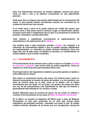 15
ellos una determinada secuencia de señales digitales, avanzan por pasos
hacia un lado u otro y se detienen exactamente en una determinada
posición.
Cada paso tiene un ángulo muy preciso determinado por la construcción del
motor, lo que permite realizar movimientos exactos sin necesidad de un
sistema de control por lazo cerrado.
A un motor paso a paso se le puede ordenar por medio del control, que
avance cinco o diez pasos hacia la derecha, luego un determinado número
de pasos hacia atrás o simplemente que no gire, lo cual permite el control de
posición, velocidad, y sentido (dirección).
Este sistema a simplificado enormemente la implementación de
automatismos y las aplicaciones de la robótica.
Los motores paso a paso presentan grandes ventajas con respecto a la
utilización de servomotores debido a que se pueden manejar digitalmente
sin realimentación, su velocidad se puede controlar fácilmente, tiene una
larga vida, son de bajo costo, la interfase es sencilla y su mantenimiento es
mínimo debido a que no tienen escobillas.
1.4.1 FUNCIONAMIENTO
El funcionamiento de los motores paso a paso se basa en el simple principio
de atracción y repulsión que ocurre entre los polos magnéticos. Como ya
sabemos un imán tiene dos polos llamados Norte y Sur.
El principio básico del magnetismo establece que polos iguales se repelen y
polos diferentes se atraen.
Para lograr un movimiento mucho más suave, los motores paso a paso se
fabrican aumentando el número de polos del estator y se les practican una
serie de ranuras tanto en el rotor como en el estator. Así se logran
movimientos que van hasta 1.8° por paso. Los grados de avance por paso
son una de las características más importantes en este tipo de motores y
generalmente está indicada en su carcaza o cuerpo.
Existen diferentes tipos de motores de pasos, de los cuales se utilizara y
veremos el funcionamiento de uno ellos, el Motor de Magneto Permanente.
En la figura, se muestra un diagrama del Motor paso a paso de Magneto
Permanente, el cual está construido de un rotor que incluye polos
magnéticos de polaridad contraria colocados uno junto al otro. El estator
contiene bobinas alineadas de tal forma que sus energización secuencial
 