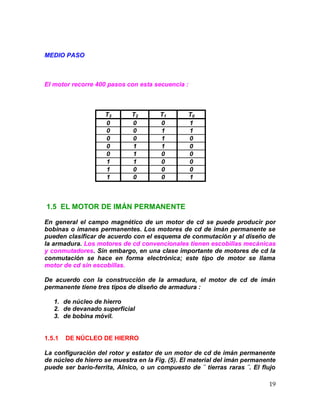19
MEDIO PASO
El motor recorre 400 pasos con esta secuencia :
T3 T2 T1 T0
0 0 0 1
0 0 1 1
0 0 1 0
0 1 1 0
0 1 0 0
1 1 0 0
1 0 0 0
1 0 0 1
1.5 EL MOTOR DE IMÁN PERMANENTE
En general el campo magnético de un motor de cd se puede producir por
bobinas o imanes permanentes. Los motores de cd de imán permanente se
pueden clasificar de acuerdo con el esquema de conmutación y al diseño de
la armadura. Los motores de cd convencionales tienen escobillas mecánicas
y conmutadores. Sin embargo, en una clase importante de motores de cd la
conmutación se hace en forma electrónica; este tipo de motor se llama
motor de cd sin escobillas.
De acuerdo con la construcción de la armadura, el motor de cd de imán
permanente tiene tres tipos de diseño de armadura :
1. de núcleo de hierro
2. de devanado superficial
3. de bobina móvil.
1.5.1 DE NÚCLEO DE HIERRO
La configuración del rotor y estator de un motor de cd de imán permanente
de núcleo de hierro se muestra en la Fig. (5). El material del imán permanente
puede ser bario-ferrita, Alnico, o un compuesto de ¨ tierras raras ¨. El flujo
 