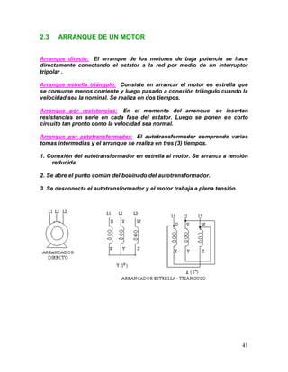 41
2.3 ARRANQUE DE UN MOTOR
Arranque directo: El arranque de los motores de baja potencia se hace
directamente conectando el estator a la red por medio de un interruptor
tripolar .
Arranque estrella triángulo: Consiste en arrancar el motor en estrella que
se consume menos corriente y luego pasarlo a conexión triángulo cuando la
velocidad sea la nominal. Se realiza en dos tiempos.
Arranque por resistencias: En el momento del arranque se insertan
resistencias en serie en cada fase del estator. Luego se ponen en corto
circuito tan pronto como la velocidad sea normal.
Arranque por autotransformador: El autotransformador comprende varias
tomas intermedias y el arranque se realiza en tres (3) tiempos.
1. Conexión del autotransformador en estrella al motor. Se arranca a tensión
reducida.
2. Se abre el punto común del bobinado del autotransformador.
3. Se desconecta el autotransformador y el motor trabaja a plena tensión.
 