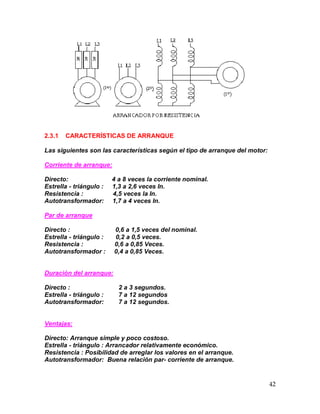 42
2.3.1 CARACTERÍSTICAS DE ARRANQUE
Las siguientes son las características según el tipo de arranque del motor:
Corriente de arranque:
Directo: 4 a 8 veces la corriente nominal.
Estrella - triángulo : 1,3 a 2,6 veces In.
Resistencia : 4,5 veces la In.
Autotransformador: 1,7 a 4 veces In.
Par de arranque
Directo : 0,6 a 1,5 veces del nominal.
Estrella - triángulo : 0,2 a 0,5 veces.
Resistencia : 0,6 a 0,85 Veces.
Autotransformador : 0,4 a 0,85 Veces.
Duración del arranque:
Directo : 2 a 3 segundos.
Estrella - triángulo : 7 a 12 segundos
Autotransformador: 7 a 12 segundos.
Ventajas:
Directo: Arranque simple y poco costoso.
Estrella - triángulo : Arrancador relativamente económico.
Resistencia : Posibilidad de arreglar los valores en el arranque.
Autotransformador: Buena relación par- corriente de arranque.
 