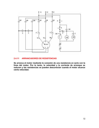 52
2.4.11 ARRANCADORES DE RESISTENCIAS
Se arranca el motor mediante la conexión de una resistencia en serie con la
línea del motor. Por lo tanto, la velocidad y la corriente de arranque se
reducen y las resistencias se pueden desconectar cuando el motor alcance
cierta velocidad.
 