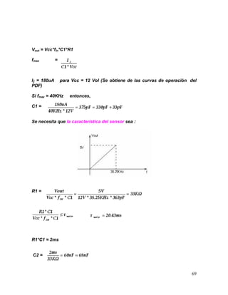 69
Vout = Vcc*fin*C1*R1
fmax =
I2 = 180uA para Vcc = 12 Vol (Se obtiene de las curvas de operación del
PDF)
Si fmax = 40KHz entonces,
C1 =
Se necesita que la característica del sensor sea :
R1 =
R1*C1 ≈ 2ms
C2 =
 