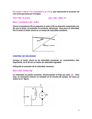 9
Par motor = Kφ Ia = K x constante x Ia = K Ia, que representa la ecuación de
una recta que pasa por el origen.
Fem = Eb = K φ rpm rpm = (Ea - IaRa) / K
Rpm = constante x (Ea - Ia Ra)
Como la resistencia Ra es pequeña el valor Ia Ra es pequeño comparado con
Ea, por lo tanto, al aumentar la corriente, disminuye muy poco la velocidad.
Por lo tanto el motor shunt es un motor de velocidad constante.
CONTROL DE VELOCIDAD
Aunque el motor shunt es de velocidad constante, su característica más
importante, es la de ser un motor de velocidad regulable.
Utilizando la ecuación de la velocidad, tenemos:
Rpm = (Ea - Ia Ra) / Kφ
La velocidad se puede aumentar, disminuyendo el flujo por polo (φ) . Para
esto, es necesario colocar un reóstato en el circuito de campo, tal como se
indica en la figura.
 