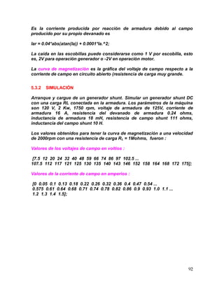 92
Es la corriente producida por reacción de armadura debido al campo
producido por su propio devanado es
Iar = 0.04*abs(atan(Ia)) + 0.0001*Ia.^2;
La caída en las escobillas puede considerarse como 1 V por escobilla, esto
es, 2V para operación generador o -2V en operación motor.
La curva de magnetización es la gráfica del voltaje de campo respecto a la
corriente de campo en circuito abierto (resistencia de carga muy grande.
5.3.2 SIMULACIÓN
Arranque y cargue de un generador shunt. Simular un generador shunt DC
con una carga RL conectada en la armadura. Los parámetros de la máquina
son 120 V, 2 Kw, 1750 rpm, voltaje de armadura de 125V, corriente de
armadura 16 A, resistencia del devanado de armadura 0.24 ohms,
inductancia de armadura 18 mH, resistencia de campo shunt 111 ohms,
inductancia del campo shunt 10 H.
Los valores obtenidos para tener la curva de magnetización a una velocidad
de 2000rpm con una resistencia de carga RL = 1Mohms, fueron :
Valores de los voltajes de campo en voltios :
[7.5 12 20 24 32 40 48 59 66 74 86 97 102.5 ...
107.5 112 117 121 125 130 135 140 143 146 152 158 164 168 172 175];
Valores de la corriente de campo en amperios :
[0 0.05 0.1 0.13 0.18 0.22 0.26 0.32 0.36 0.4 0.47 0.54 ...
0.575 0.61 0.64 0.68 0.71 0.74 0.78 0.82 0.86 0.9 0.93 1.0 1.1 ...
1.2 1.3 1.4 1.5];
 
