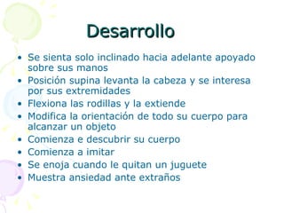 Desarrollo Se sienta solo inclinado hacia adelante apoyado sobre sus manos Posición supina levanta la cabeza y se interesa por sus extremidades Flexiona las rodillas y la extiende Modifica la orientación de todo su cuerpo para alcanzar un objeto Comienza e descubrir su cuerpo Comienza a imitar Se enoja cuando le quitan un juguete Muestra ansiedad ante extraños 