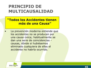 PRINCIPIO DE MULTICAUSALIDAD “ Todos los Accidentes tienen más de una Causa” La prevención moderna entiende que los accidentes no se producen por una causa única; habitualmente se dan una serie de coincidencias - causas, dónde si hubiésemos eliminado cualquiera de ellas el accidente no habría ocurrido. 