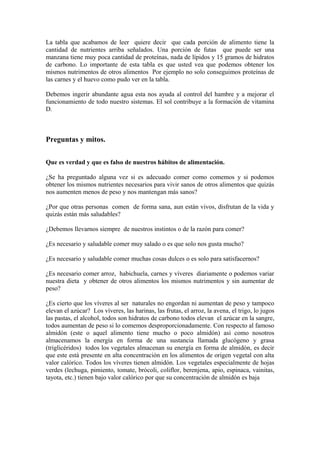 La tabla que acabamos de leer quiere decir que cada porción de alimento tiene la
cantidad de nutrientes arriba señalados. Una porción de futas que puede ser una
manzana tiene muy poca cantidad de proteínas, nada de lípidos y 15 gramos de hidratos
de carbono. Lo importante de esta tabla es que usted vea que podemos obtener los
mismos nutrimentos de otros alimentos Por ejemplo no solo conseguimos proteínas de
las carnes y el huevo como pudo ver en la tabla.
Debemos ingerir abundante agua esta nos ayuda al control del hambre y a mejorar el
funcionamiento de todo nuestro sistemas. El sol contribuye a la formación de vitamina
D.
Preguntas y mitos.
Que es verdad y que es falso de nuestros hábitos de alimentación.
¿Se ha preguntado alguna vez si es adecuado comer como comemos y si podemos
obtener los mismos nutrientes necesarios para vivir sanos de otros alimentos que quizás
nos aumenten menos de peso y nos mantengan más sanos?
¿Por que otras personas comen de forma sana, aun están vivos, disfrutan de la vida y
quizás están más saludables?
¿Debemos llevarnos siempre de nuestros instintos o de la razón para comer?
¿Es necesario y saludable comer muy salado o es que solo nos gusta mucho?
¿Es necesario y saludable comer muchas cosas dulces o es solo para satisfacernos?
¿Es necesario comer arroz, habichuela, carnes y víveres diariamente o podemos variar
nuestra dieta y obtener de otros alimentos los mismos nutrimentos y sin aumentar de
peso?
¿Es cierto que los víveres al ser naturales no engordan ni aumentan de peso y tampoco
elevan el azúcar? Los víveres, las harinas, las frutas, el arroz, la avena, el trigo, lo jugos
las pastas, el alcohol, todos son hidratos de carbono todos elevan el azúcar en la sangre,
todos aumentan de peso si lo comemos desproporcionadamente. Con respecto al famoso
almidón (este o aquel alimento tiene mucho o poco almidón) así como nosotros
almacenamos la energía en forma de una sustancia llamada glucógeno y grasa
(triglicéridos) todos los vegetales almacenan su energía en forma de almidón, es decir
que este está presente en alta concentración en los alimentos de origen vegetal con alta
valor calórico. Todos los víveres tienen almidón. Los vegetales especialmente de hojas
verdes (lechuga, pimiento, tomate, brócoli, coliflor, berenjena, apio, espinaca, vainitas,
tayota, etc.) tienen bajo valor calórico por que su concentración de almidón es baja
 