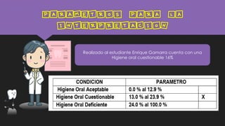 Parametros para la
interpretacion
Realizado al estudiante Enrique Gamarra cuenta con una
Higiene oral cuestionable 16%
 