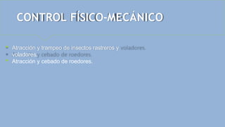 CONTROL FÍSICO-MECÁNICO
 Atracción y trampeo de insectos rastreros y
voladores.
 Atracción y cebado de roedores.
 