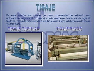 En esta sección las bobinas de cinta provenientes de extrusión son
entrelazadas longitudinal (urdimbre) y horizontalmente (trama) dando lugar al
tejido en forma de rollos de tela ( tubular o plana ) para la fabricación de sacos
y/o tela plana.
 
