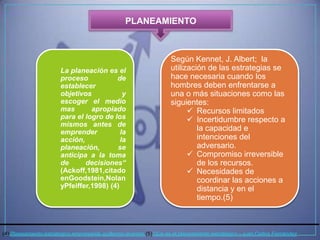 PLANEAMIENTO



                                                                      Según Kennet, J. Albert; la
                        La planeación es el                           utilización de las estrategias se
                        proceso           de                          hace necesaria cuando los
                        establecer                                    hombres deben enfrentarse a
                        objetivos            y                        una o más situaciones como las
                        escoger el medio                              siguientes:
                        mas       apropiado                                  Recursos limitados
                        para el logro de los                                 Incertidumbre respecto a
                        mismos antes de
                        emprender           la
                                                                               la capacidad e
                        acción,             la                                 intenciones del
                        planeación,       se                                   adversario.
                        anticipa a la toma                                   Compromiso irreversible
                        de      decisiones“                                    de los recursos.
                        (Ackoff,1981,citado                                  Necesidades de
                        enGoodstein,Nolan                                      coordinar las acciones a
                        yPfeiffer,1998) (4)                                    distancia y en el
                                                                               tiempo.(5)



(4) Planeamiento estrategico empresarial- guillermo levinton (5) Que es el planeamiento estratégico – juan Carlos Fernández
 