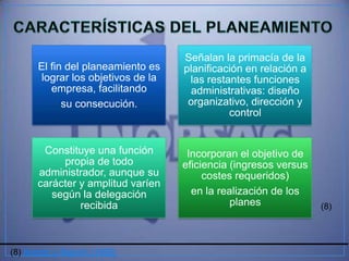 Señalan la primacía de la
       El fin del planeamiento es    planificación en relación a
        lograr los objetivos de la    las restantes funciones
          empresa, facilitando        administrativas: diseño
             su consecución.          organizativo, dirección y
                                               control


       Constituye una función         Incorporan el objetivo de
           propia de todo            eficiencia (ingresos versus
      administrador, aunque su            costes requeridos)
      carácter y amplitud varíen
         según la delegación           en la realización de los
               recibida                         planes             (8)




(8) Koontz y Weirich (1995)
 
