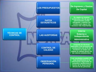 De Ingresos y Gastos
              LOS PRESUPUESTOS
                                      De Capital


                                   Su objeto es mostrar
                                 tendencias a fin de que el
                   DATOS           administrador pueda
                ESTADÍSTICOS      extrapolar y estimar los
                                  rumbos que siguen los
                                 sucesos más importantes.


                                        Interna
TÉCNICAS DE
                                       Externa o
 CONTROL       LAS AUDITORÍAS
                                     Independiente
                                     Administrativa

                                     Conjunto de técnicas
                                 aplicados a los procesos de
                 CONTROL DE        producción con el fin de
                  CALIDAD           mantener en todas sus
                                 etapas la calidad dentro de
                                  los valores establecidos.


                                 Los resultados pueden ser
                                    más beneficiosos si la
                OBSERVACIÓN      información disponible se
                 PERSONAL         aumenta y perfecciona a
                                  través de la observación
                                  directa de las personas.
 