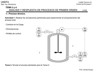 UNEFA
Dpto. Ing. Electrónica
3-2006 Término IX
Control de Procesos I
Prof. Camilo Duque
TEMA 3 y 4
ANALISIS Y RESPUESTA DE PROCESOS DE PRIMER ORDEN [ 10 ]
1.- Proceso térmico.
Actividad 1. Realizar las simulaciones pertinentes para experimentar el comportamiento del
proceso ante:
- Cambios en la Carga.
- Perturbaciones.
- Perfiles de control.
Tarea 3. Simular el proceso planteado para la Tarea 2.
TI
102
TI
101
FI
101
FI
101
TC
100
TT
102
M
 