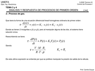 UNEFA
Dpto. Ing. Electrónica
3-2006 Término IX
Control de Procesos I
Prof. Camilo Duque
TEMA 3 y 4
ANALISIS Y RESPUESTA DE PROCESOS DE PRIMER ORDEN [ 14 ]
2.- Proceso de gas.
Que tiene la forma de una ecuación diferencial lineal homogénea ordinaria de primer orden:
Donde se tienen 2 incógnitas x1(t) y x2(t), pero al manipular alguna de las dos, el sistema tiene
solución única.
Reescribiendo se tiene:
Siendo:
De esta ultima expresión se entiende por que se prefiere manipular la presión de salida de la válvula.
vRK =1
)()()(
)(
2211 txKtxKty
dt
tdy
⋅+⋅=+⋅τ
)()()(
)(
211 tPtFKtP
dt
tdP
+=+⋅τ
ρ
τ
⋅⋅
⋅⋅
=
TR
RMV v
 