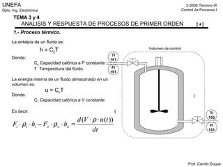 UNEFA
Dpto. Ing. Electrónica
3-2006 Término IX
Control de Procesos I
Prof. Camilo Duque
TEMA 3 y 4
ANALISIS Y RESPUESTA DE PROCESOS DE PRIMER ORDEN [ 4 ]
1.- Proceso térmico.
TI
102
TI
101
FI
101
FI
101
La entalpía de un fluido es:
Donde:
Cp Capacidad calórica a P constante
T Temperatura del fluido
La energía interna de un fluido almacenado en un
volumen es:
Donde:
Cv Capacidad calórica a V constante
Es decir:
Volumen de control
h = CpT
u = CvT
dt
tuVd
hFhF oooiii
))(( ⋅⋅
=⋅⋅−⋅⋅
ρ
ρρ
 