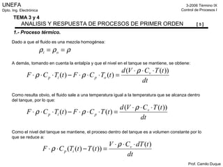 UNEFA
Dpto. Ing. Electrónica
3-2006 Término IX
Control de Procesos I
Prof. Camilo Duque
TEMA 3 y 4
ANALISIS Y RESPUESTA DE PROCESOS DE PRIMER ORDEN [ 5 ]
1.- Proceso térmico.
Dado a que el fluido es una mezcla homogénea:
A demás, tomando en cuenta la entalpía y que el nivel en el tanque se mantiene, se obtiene:
Como resulta obvio, el fluido sale a una temperatura igual a la temperatura que se alcanza dentro
del tanque, por lo que:
Como el nivel del tanque se mantiene, el proceso dentro del tanque es a volumen constante por lo
que se reduce a:
dt
tTCVd
tTCFtTCF v
opip
))((
)()(
⋅⋅⋅
=⋅⋅⋅−⋅⋅⋅
ρ
ρρ
ρρρ == oi
dt
tTCVd
tTCFtTCF v
pip
))((
)()(
⋅⋅⋅
=⋅⋅⋅−⋅⋅⋅
ρ
ρρ
dt
tdTCV
tTtTCF v
ip
)(
))()((
⋅⋅⋅
=−⋅⋅
ρ
ρ
 