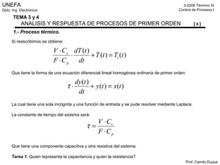 UNEFA
Dpto. Ing. Electrónica
3-2006 Término IX
Control de Procesos I
Prof. Camilo Duque
TEMA 3 y 4
ANALISIS Y RESPUESTA DE PROCESOS DE PRIMER ORDEN [ 6 ]
1.- Proceso térmico.
Si reescribimos se obtiene:
Que tiene la forma de una ecuación diferencial lineal homogénea ordinaria de primer orden:
La cual tiene una sola incógnita y una función de entrada y se pude resolver mediante Laplace.
La constante de tiempo del sistema será:
Que tiene una componente capacitiva y otra resistiva del sistema.
Tarea 1. Quien representa la capacitancia y quien la resistencia?
)()(
)(
tTtT
dt
tdT
CF
CV
i
p
v
=+⋅
⋅
⋅
)()(
)(
txty
dt
tdy
=+⋅τ
p
v
CF
CV
⋅
⋅
=τ
 